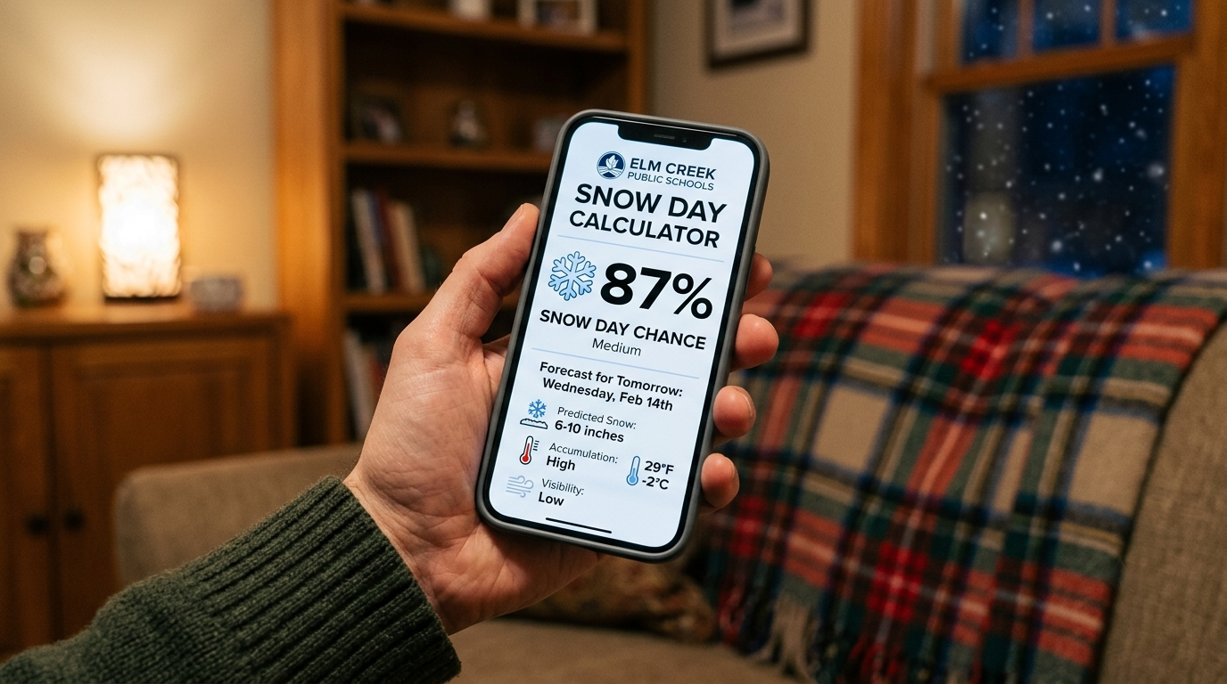 Snow day calculator app showing an 87 percent chance on a phone screen