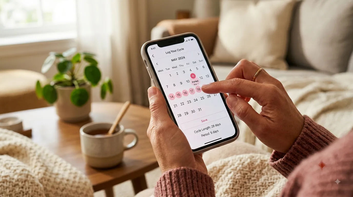 Woman entering her last period date into a period tracker app