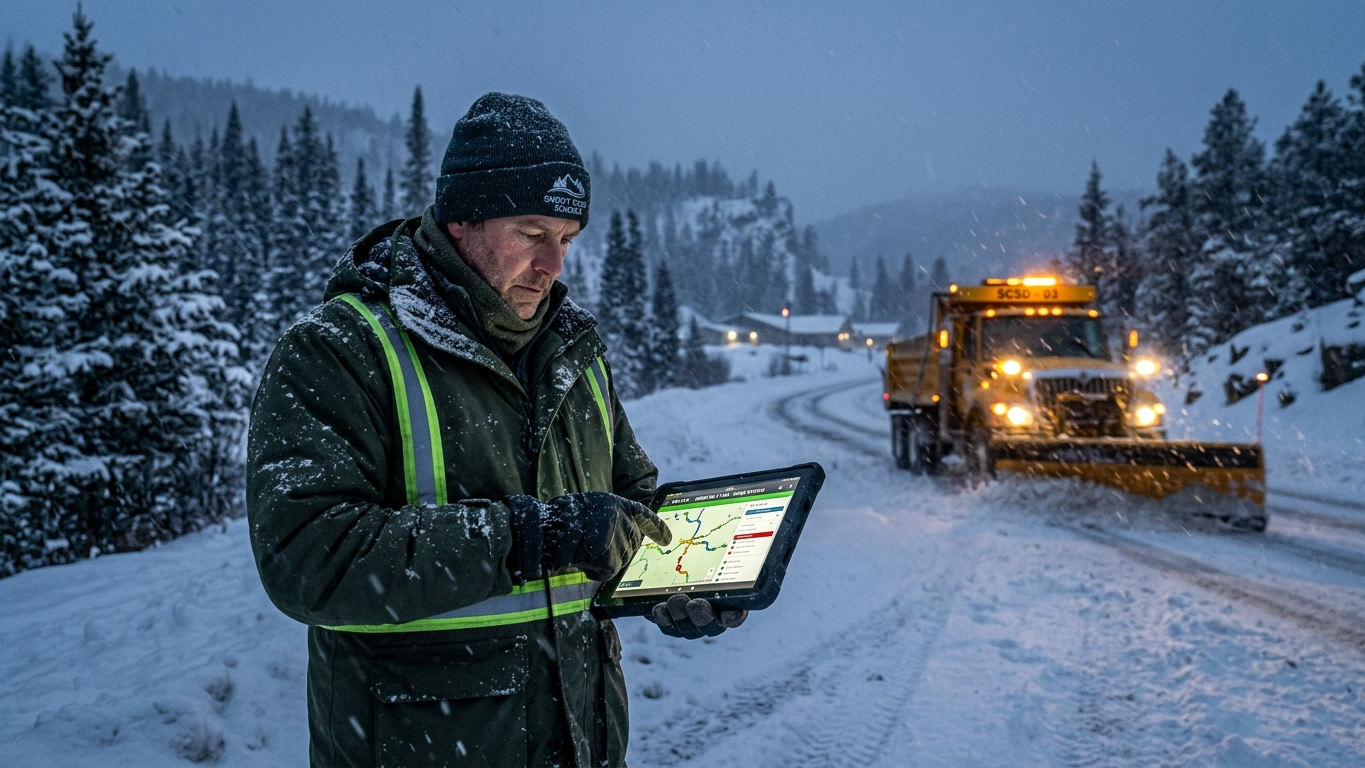 School official checking a road conditions map during a snowstorm