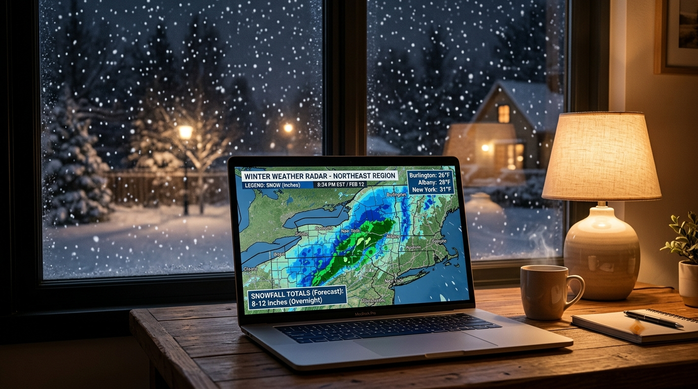 Weather radar map with snowfall forecast overlays on a laptop screen