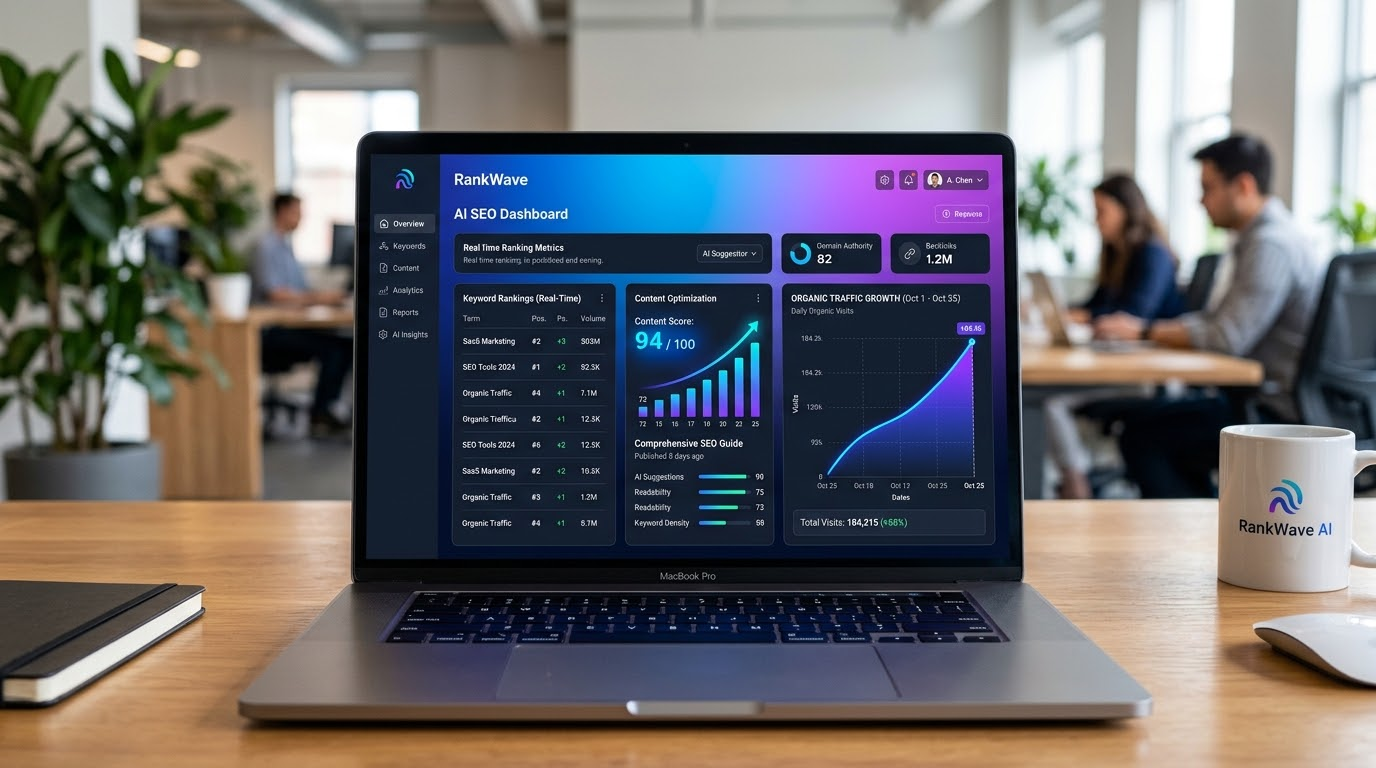 AI-powered SEO dashboard showing ranking metrics and content scores