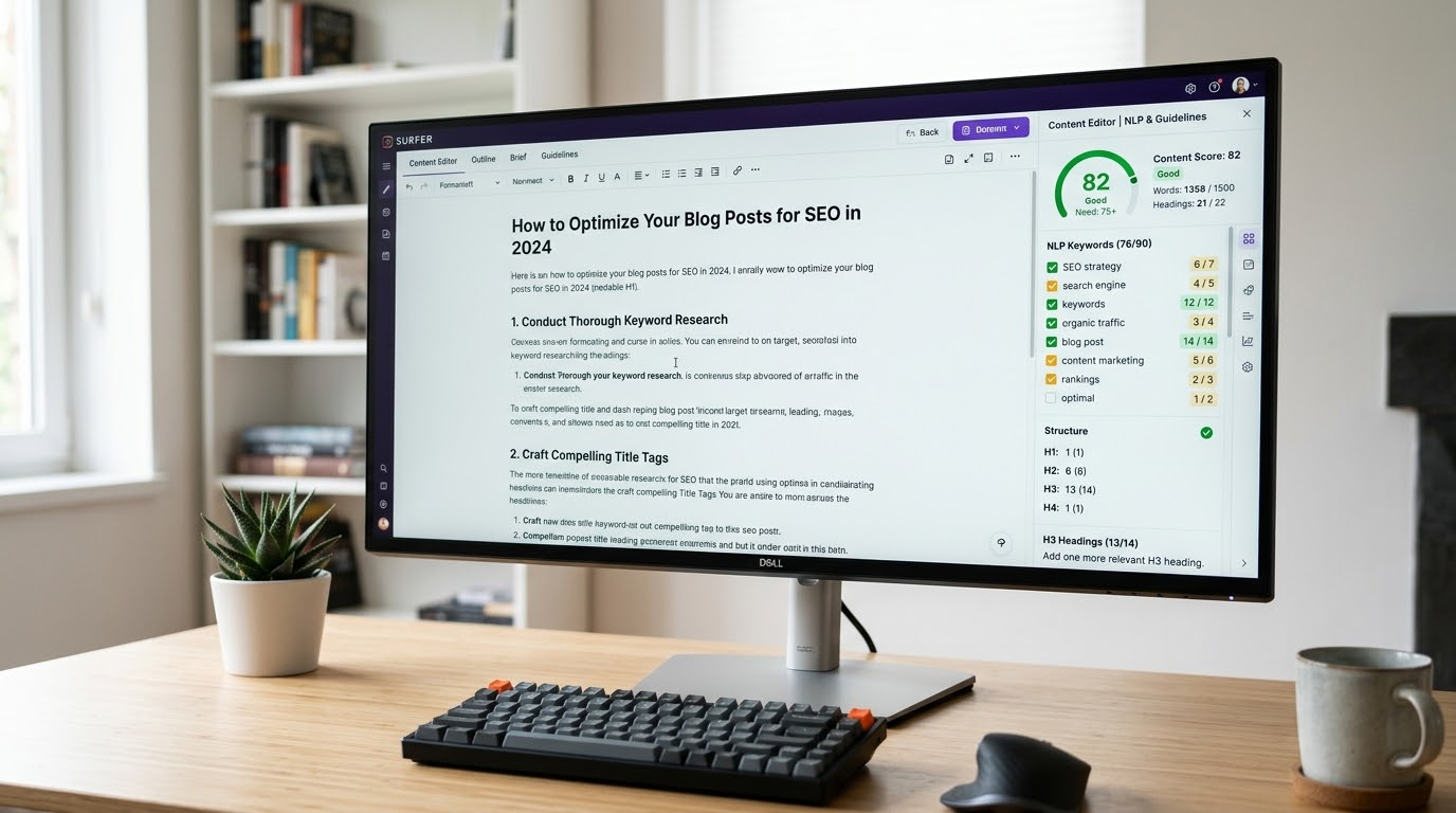 Surfer SEO Content Editor with live content score and NLP terms