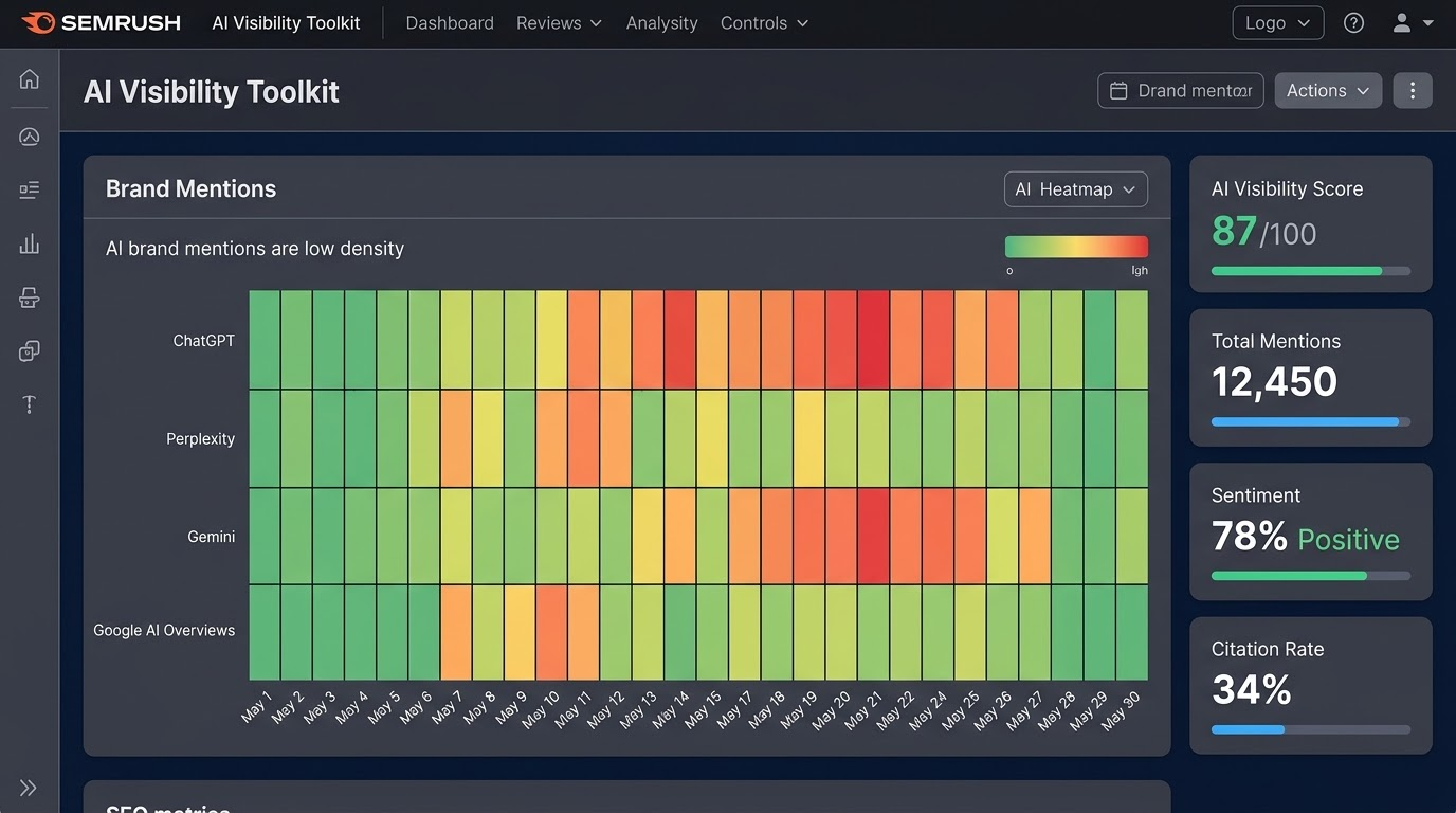Semrush AI Visibility Toolkit dashboard with brand mention tracking