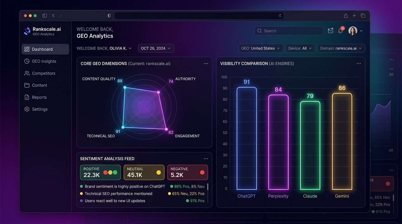 Rankscale.ai GEO dashboard with visibility scores across LLMs