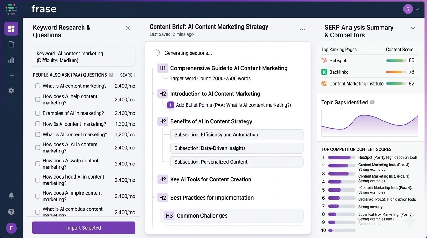 Frase content brief with SERP analysis and People Also Ask questions